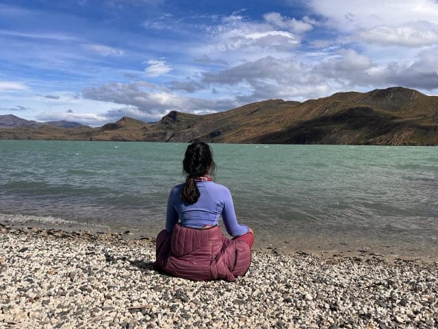 relecting at a lake and resting as the joureny on the W trek was longer than anticipated